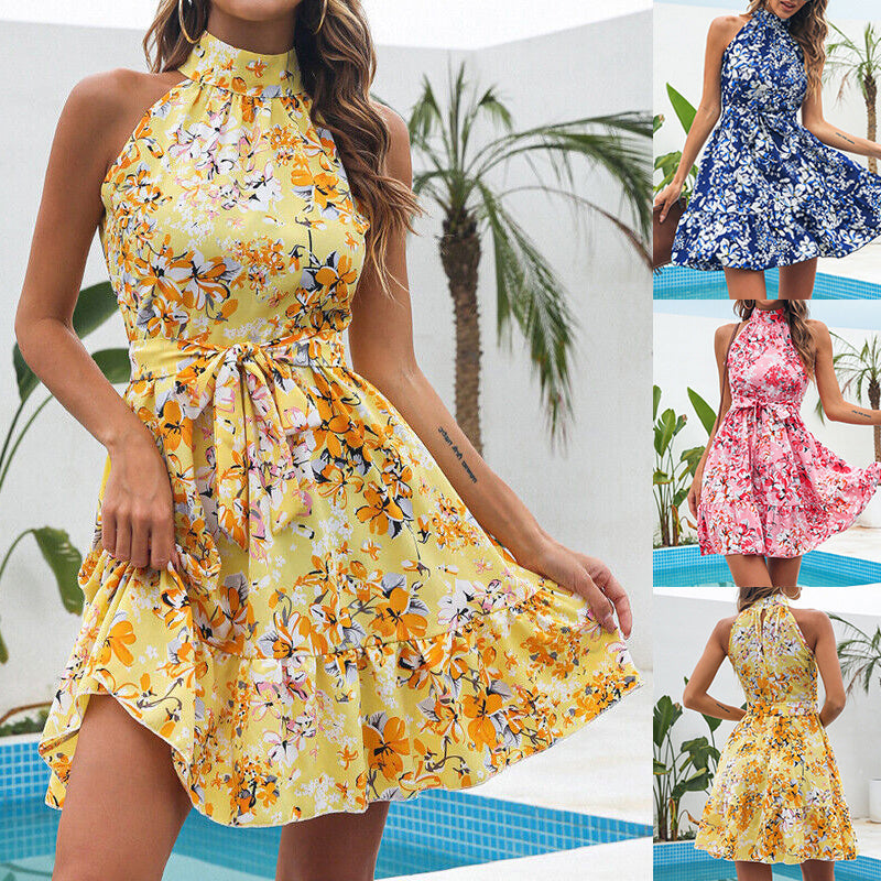 Tropical Bloom Halter Dress