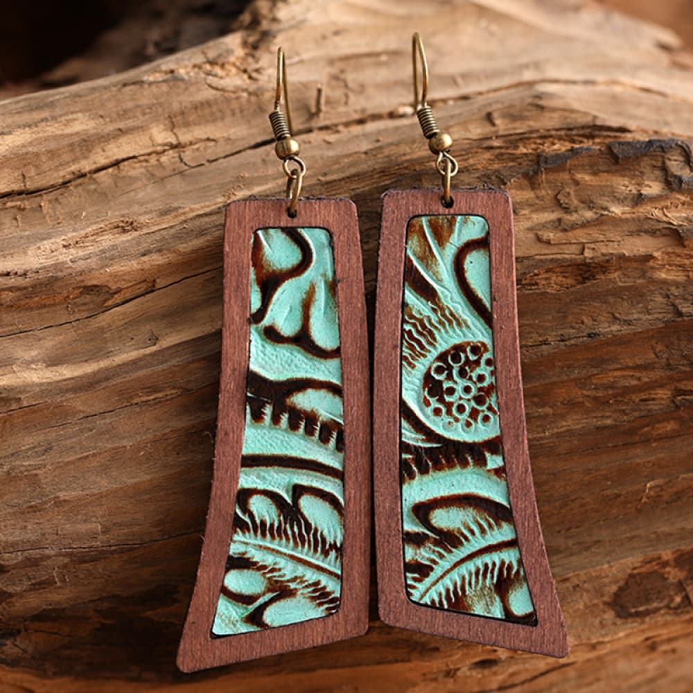 Boho Turquoise Wooden Dangle Earrings