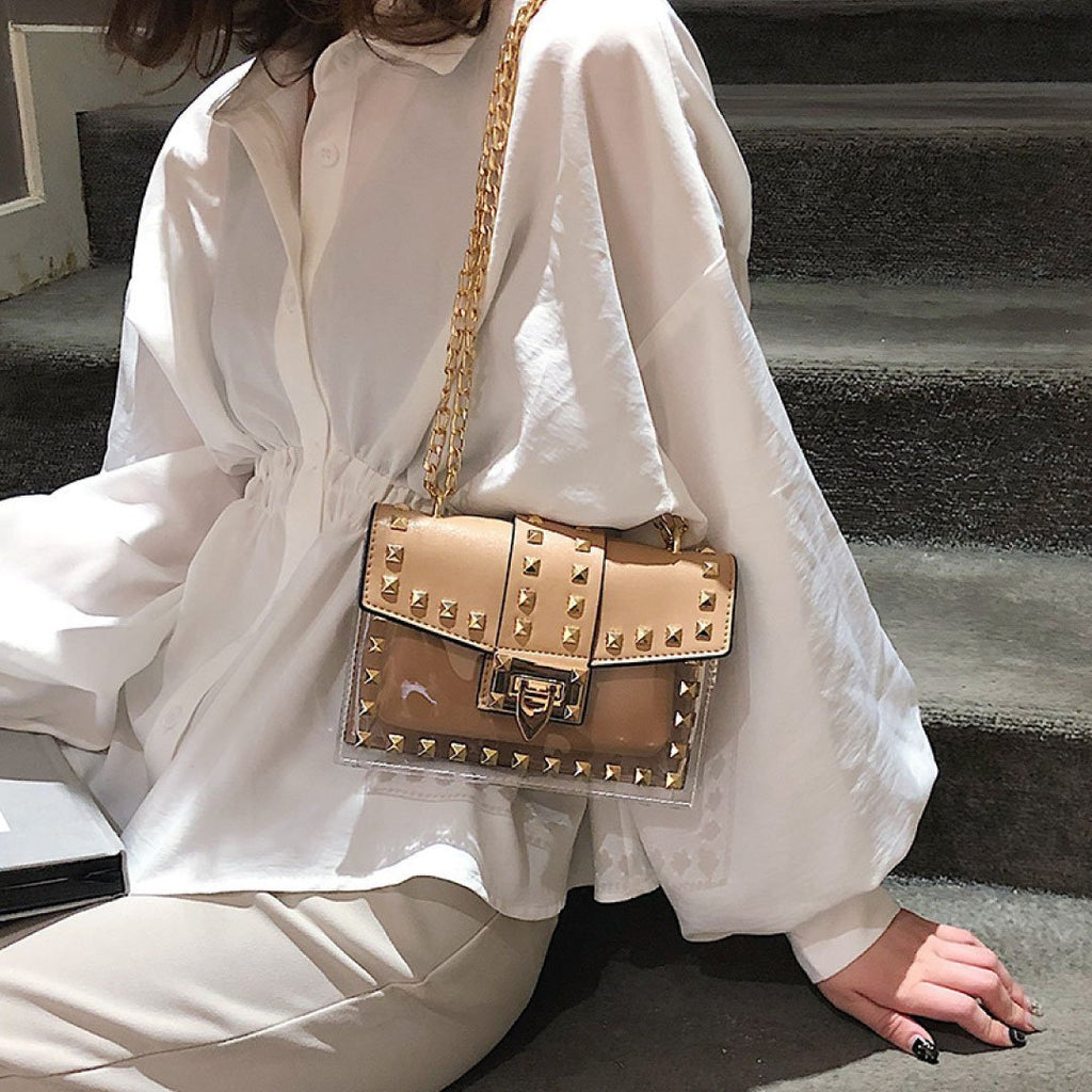 The Monaco Studded Crossbody-Clear/Tan
